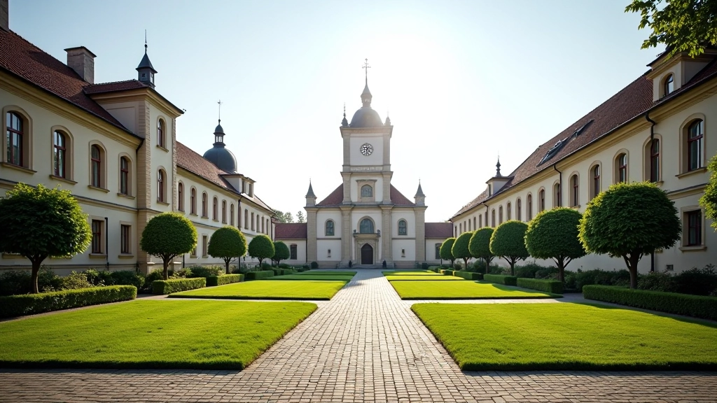 Kretingos bažnyčios komplekso aikštė su žaliais šaligatviais ir senatviniais pastatais