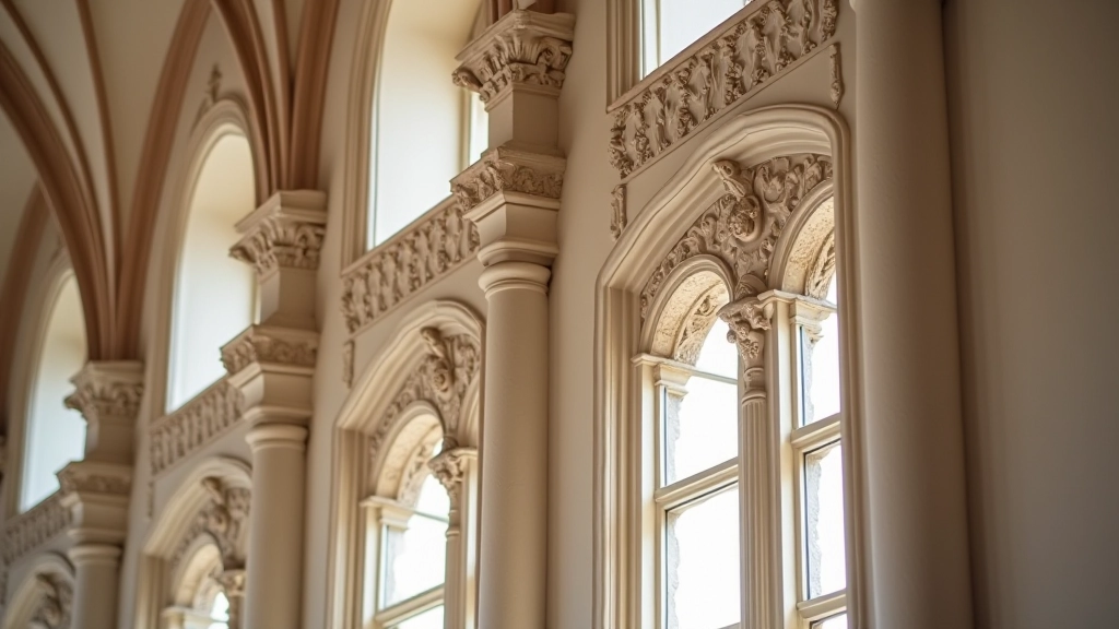 Bažnyčios sienų geometrinės linijos ir simetrija, mažos šventoriaus statulos detales