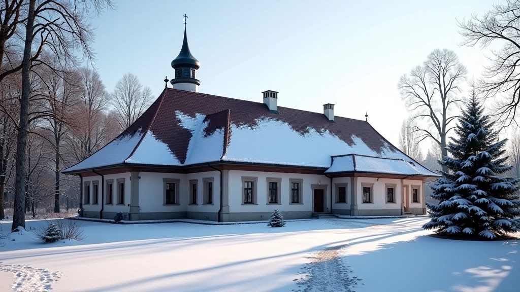 Kretingos vienuolyno komplekso vaizdas iš šaltimčio šviečiant saulei