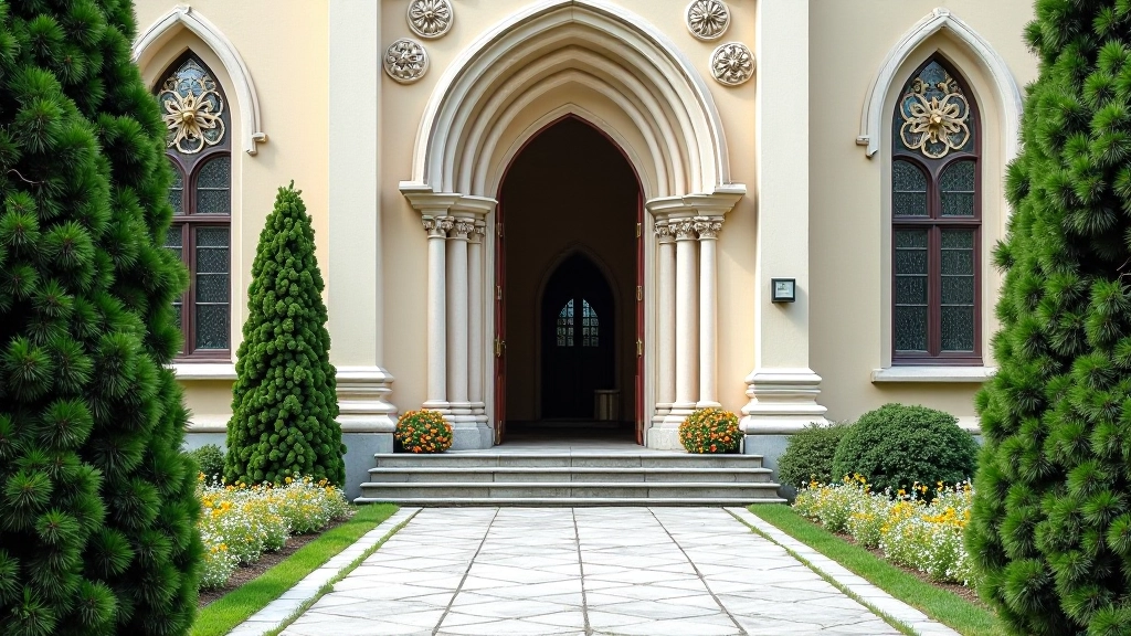 Puošni bažnyčios durų įėjimas su dekoratyvine architektūra